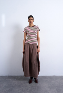 Front image of a model wearing the Sally stripe rib tee in pink, by brand Top shop