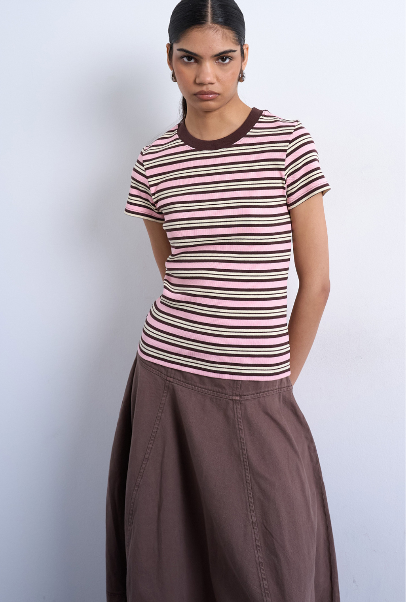 Front image of a model wearing Sally stripe rib tee in pink, by brand Top shop