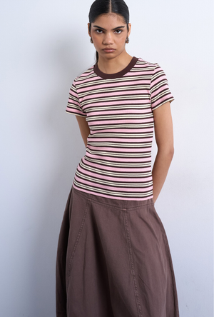 Front image of a model wearing the Sally stripe rib tee in pink, by brand Top shop