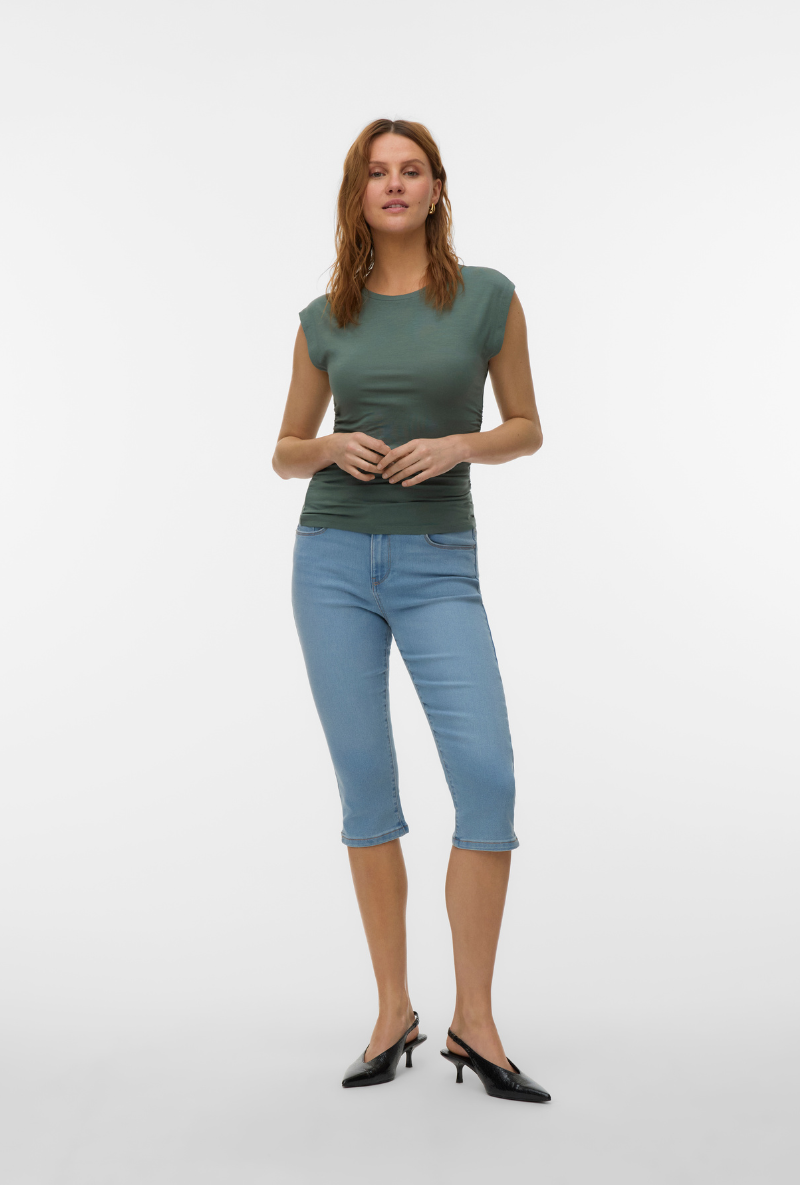 Front image of a model wearing Ava sarah top in khaki, by brand Vero moda
