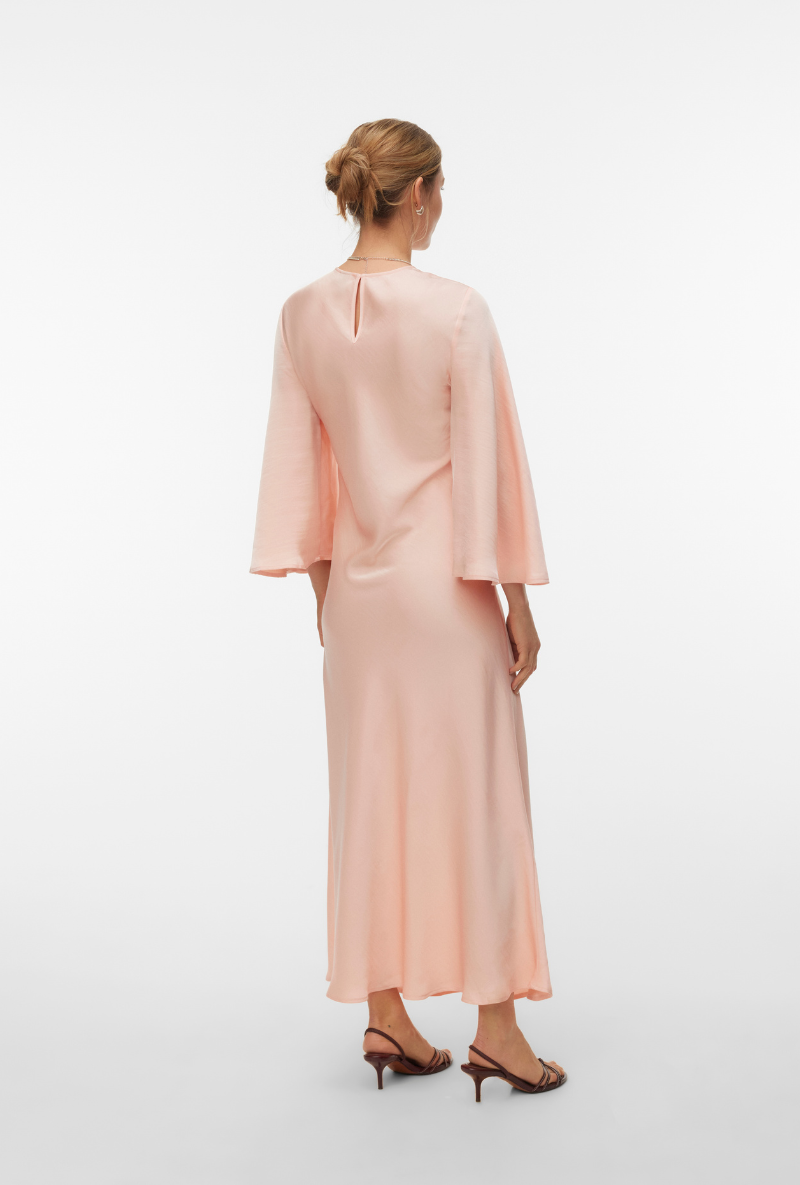 Back image of a model wearing Vero moda eleanor ls wide sleeve dress in peach, by brand Vero moda