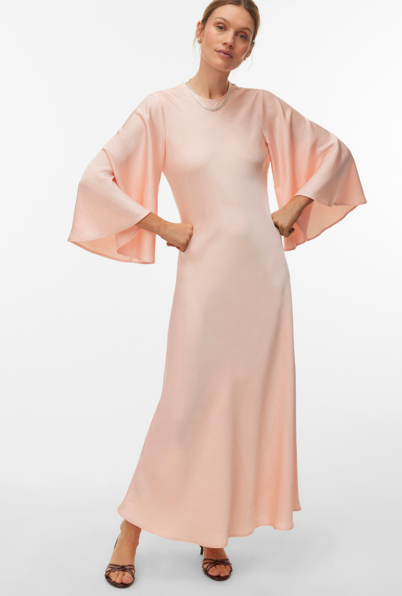 Front image of a model wearing Vero moda eleanor ls wide sleeve dress in peach, by brand Vero moda