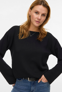 Front image of a model wearing the Vero moda hali l/s boat neck top in black, by brand Vero moda