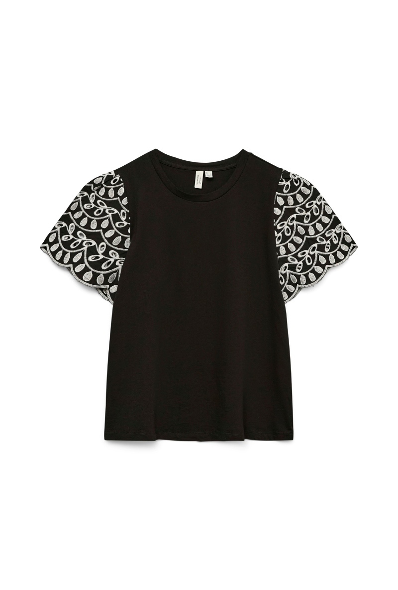 Front image of a model wearing Jasy o neck top in black, by brand Vero moda