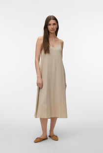 Front image of a model wearing the Jesmilo calf singlet dress in beige, by brand Vero moda