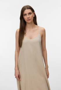 Front detail image of a model wearing the Jesmilo calf singlet dress in beige, by brand Vero moda