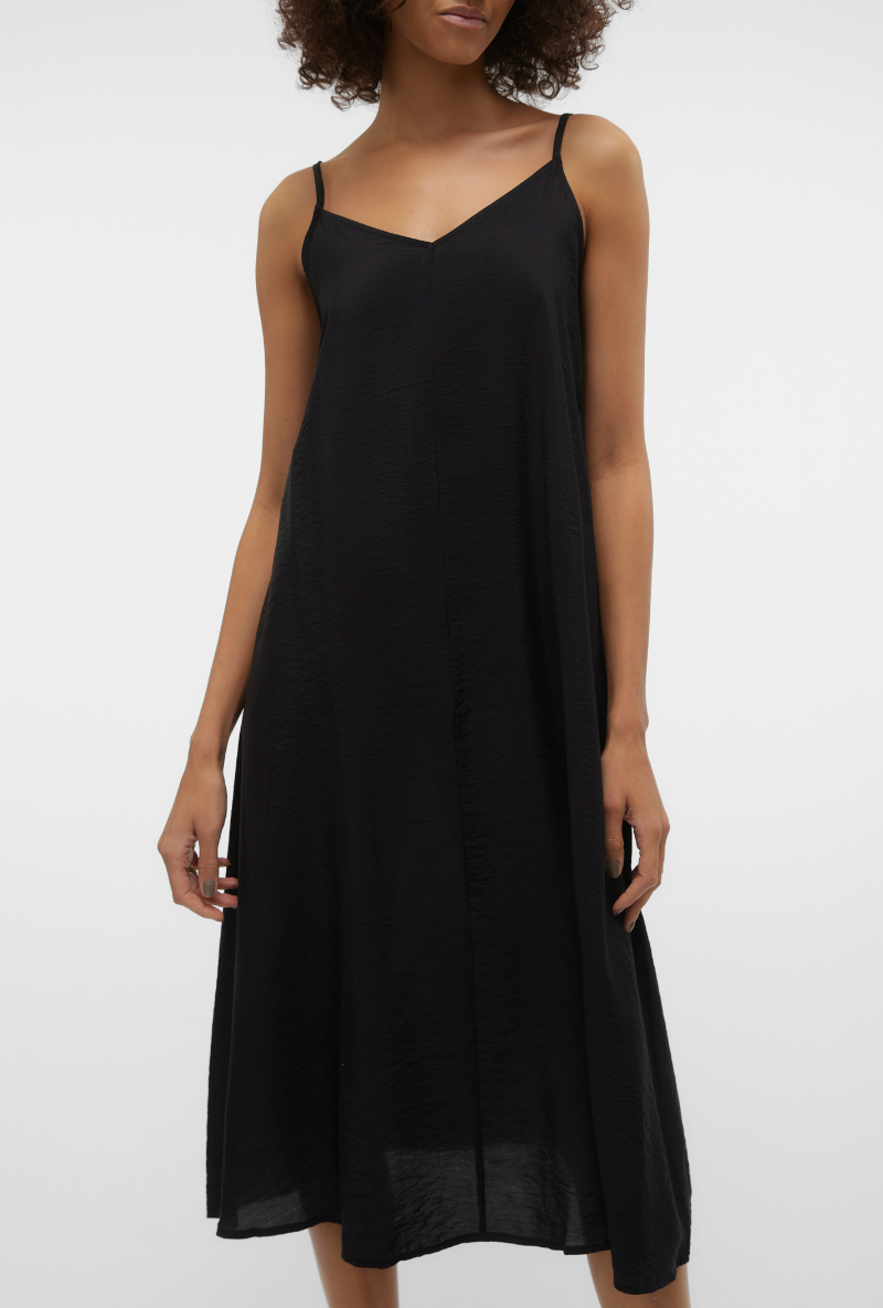 Front image of a model wearing Josie calf singlet dress in black, by brand Vero moda