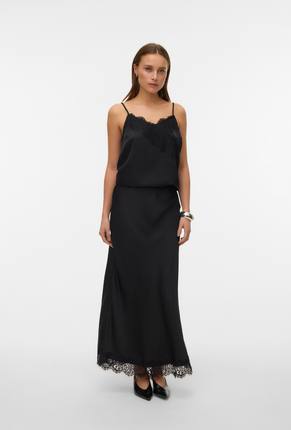 Front image of a model wearing Vero moda julia hw lace maxi skirt in black, by brand Vero moda