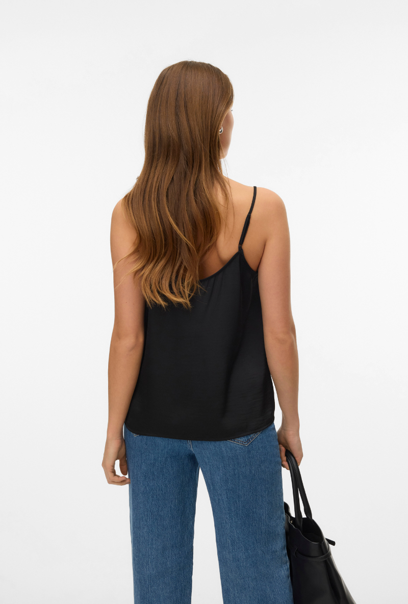 Back image of a model wearing Vero moda julie singlet lace top in black, by brand Vero moda