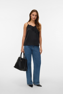 Front image of a model wearing the Vero moda julie singlet lace top in black, by brand Vero moda