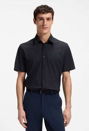Front image of a model wearing the Authentic tshirt in navy, by brand Boss