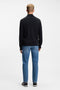 Back image of a model wearing the Kanozip knitwear in navy, by brand Boss