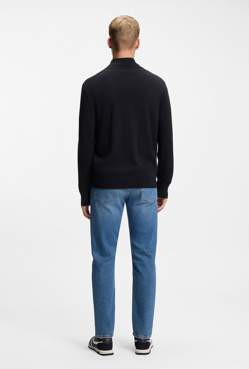 Back image of a model wearing Kanozip knitwear in navy, by brand Boss