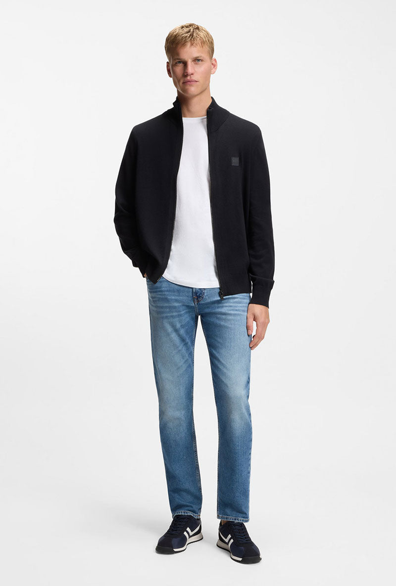 Front image of a model wearing Kanozip knitwear in navy, by brand Boss
