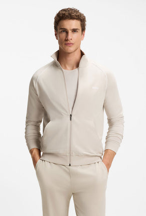 Front image of a model wearing Mix and match jacket in beige, by brand Boss