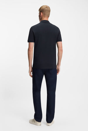 Back image of a model wearing the Passenger polo in navy, by brand Boss