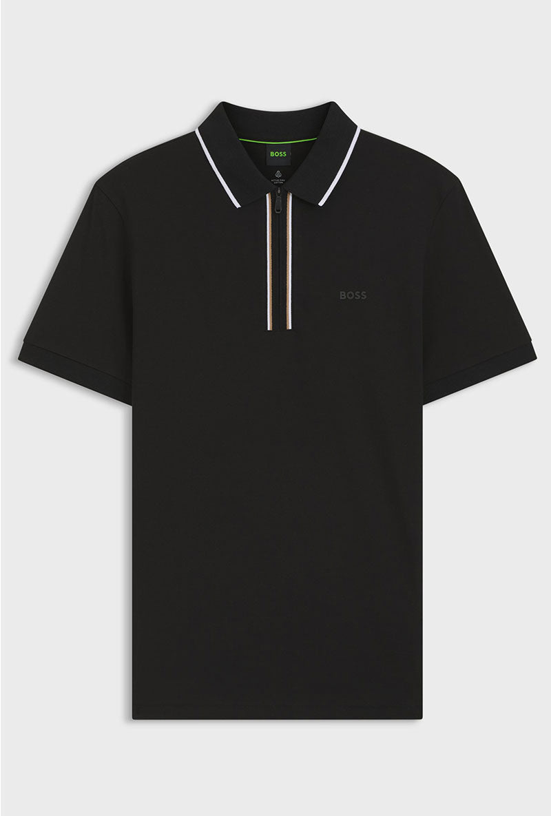 Front image of Philix zip polo in black, by brand Boss