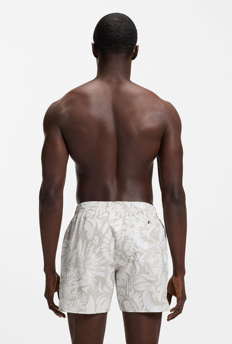 Back image of a model wearing Piranha swimshorts in beige, by brand Boss