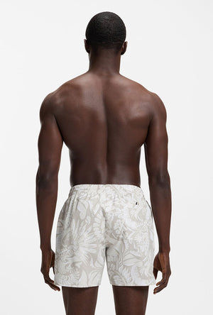 Back image of a model wearing the Piranha swimshorts in beige, by brand Boss