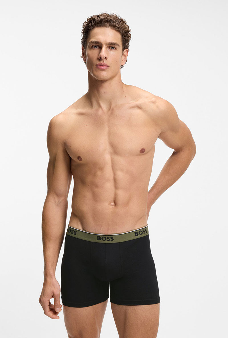 Front image of a model wearing Power 3 pk boxer brief in black, by brand Boss