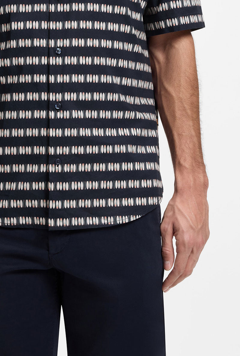 Front detail image of a model wearing Rash 2 aop ss shirt in navy, by brand Boss