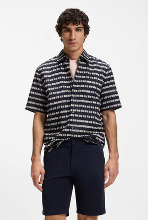 Front image of a model wearing the Rash 2 aop ss shirt in navy, by brand Boss