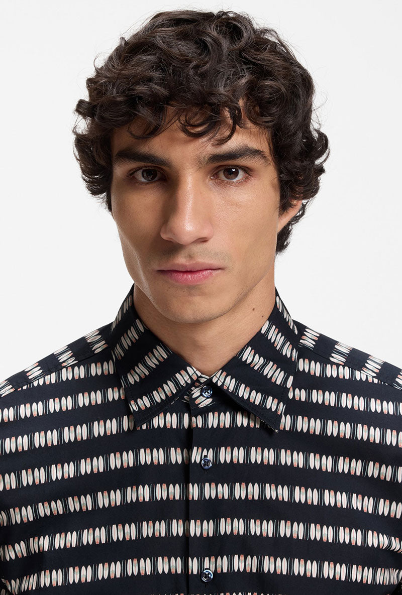 Front image of a model wearing Rash 2 aop ss shirt in navy, by brand Boss