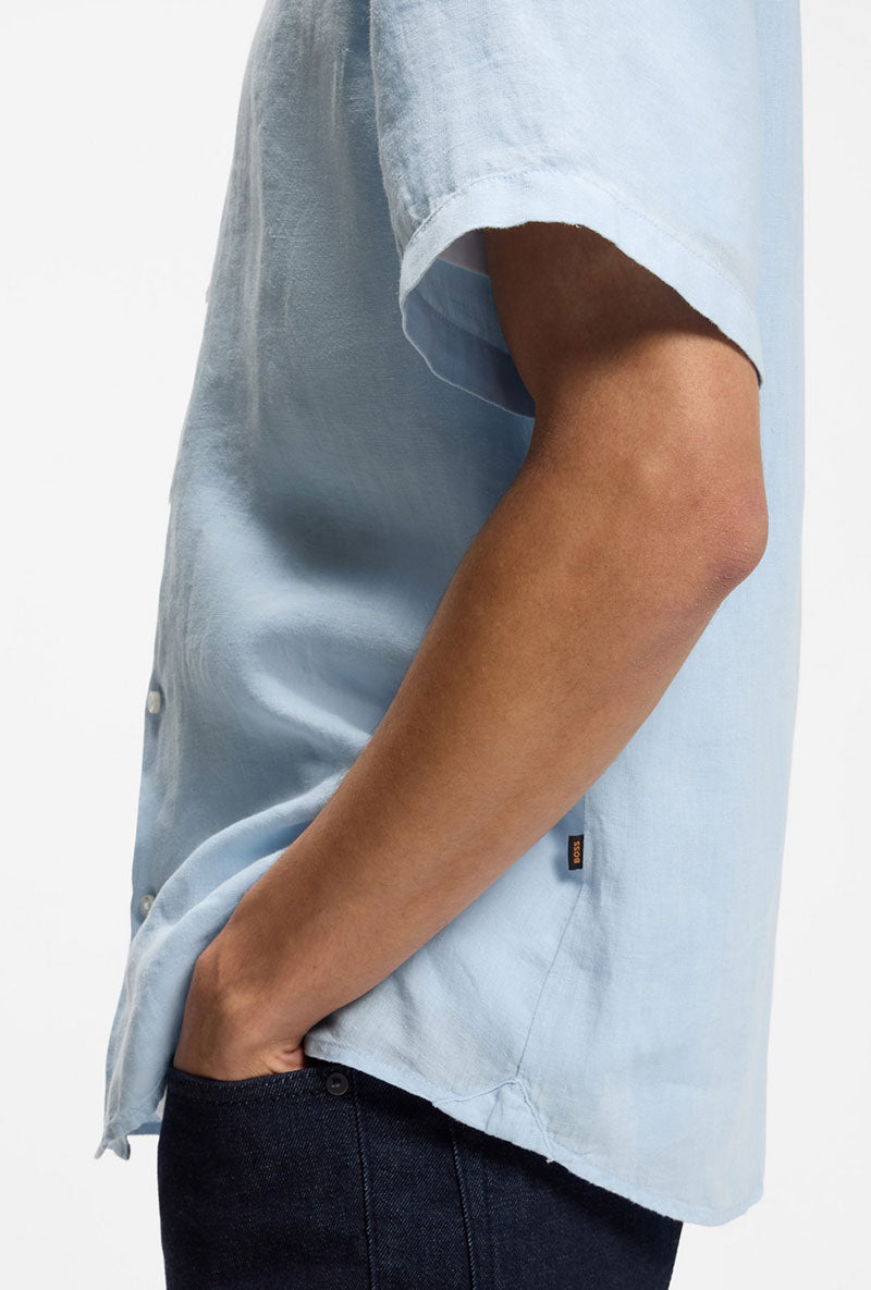 Front detail image of a model wearing Rash 2 ss shirt in light blue, by brand Boss