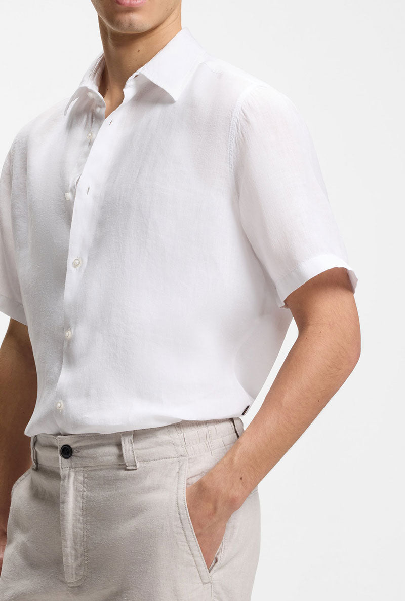 Front detail image of a model wearing Rash 2 ss shirt in white, by brand Boss