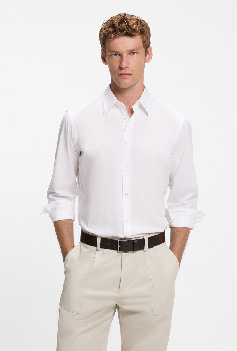 Front image of a model wearing Relegant ls shirt in white, by brand Boss