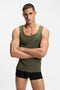Front image of a model wearing the Rib classic 3 pk tank top in multi, by brand Boss