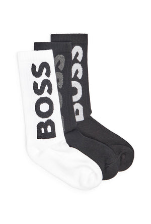 Front image of the Rib logo 3 pk socks in black/white, by brand Boss