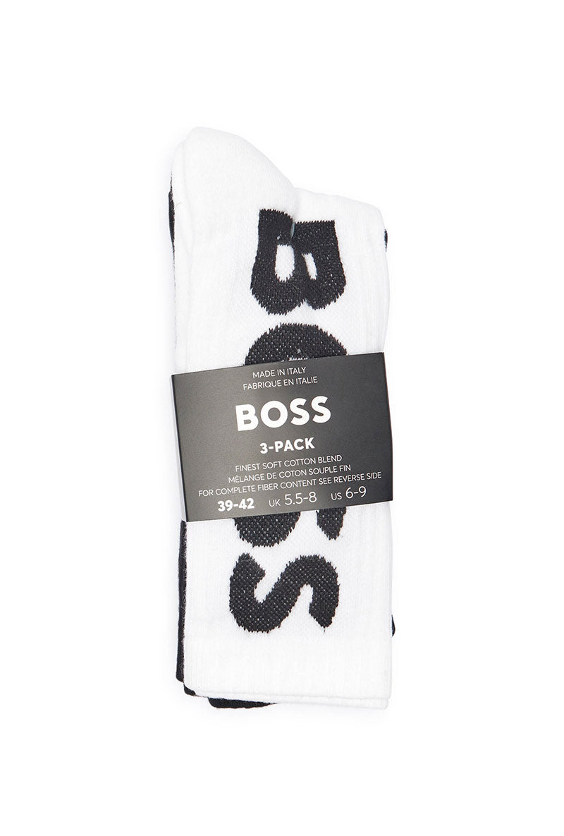 Front image of Rib logo 3 pk socks in black/white, by brand Boss