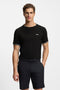 Front image of a model wearing Taul t-shirt in black, by brand Boss