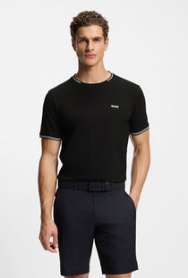Front image of a model wearing the Taul t-shirt in black, by brand Boss