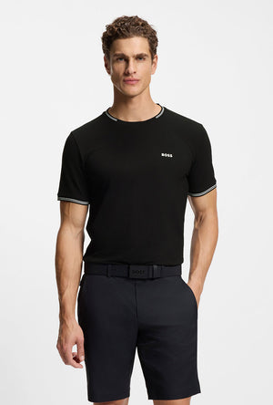 Front image of a model wearing the Taul t-shirt in black, by brand Boss