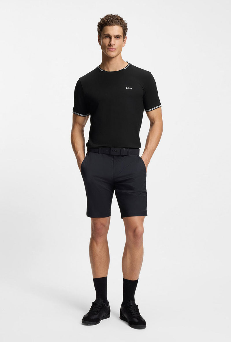 Front image of a model wearing Taul t-shirt in black, by brand Boss