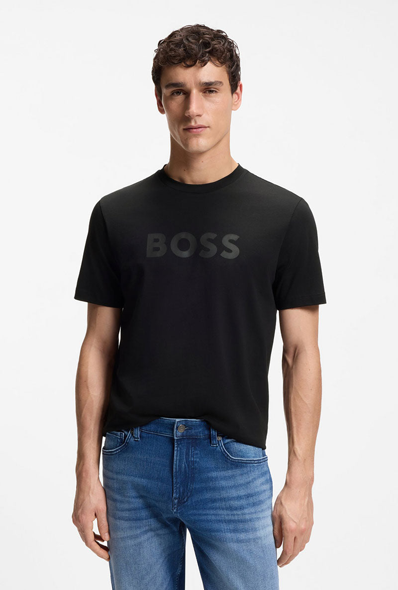 Front image of a model wearing Tegood t-shirt in black, by brand Boss