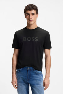 Front image of a model wearing the Tegood t-shirt in black, by brand Boss