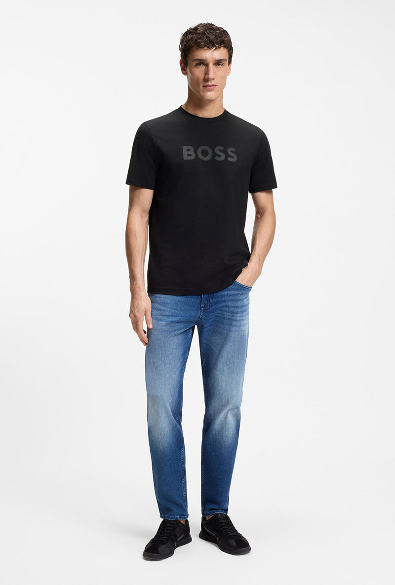 Front image of a model wearing Tegood t-shirt in black, by brand Boss