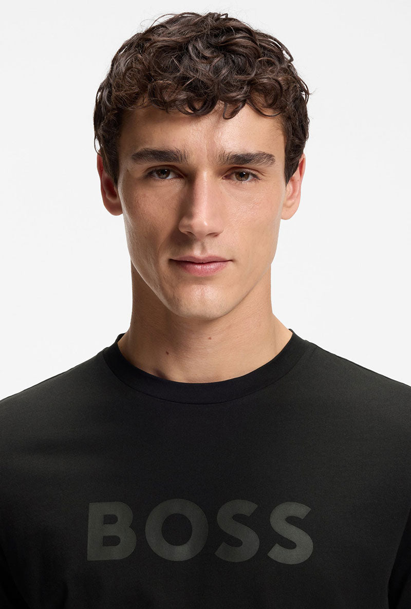 Front image of a model wearing Tegood t-shirt in black, by brand Boss