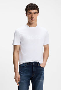 Front image of a model wearing the Tegood t-shirt in white, by brand Boss