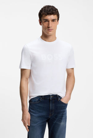 Front image of a model wearing the Tegood t-shirt in white, by brand Boss