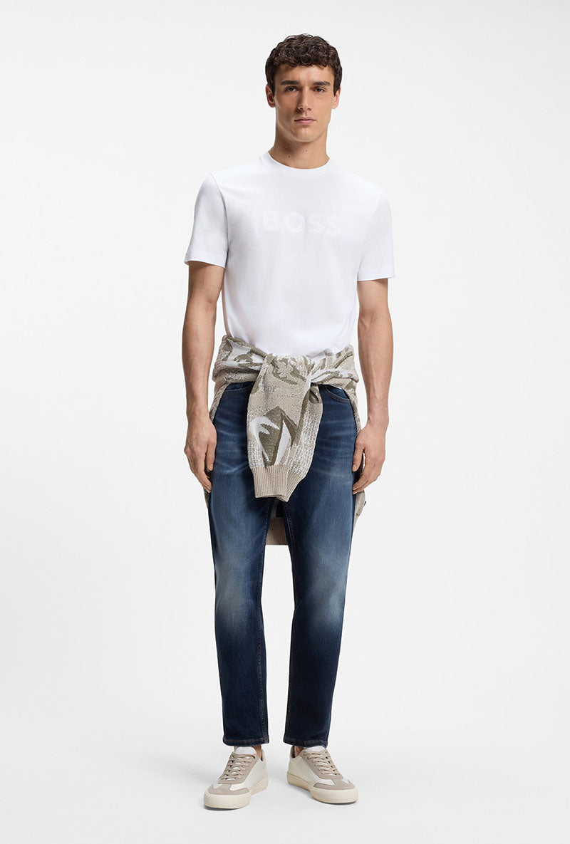 Front image of a model wearing Tegood t-shirt in white, by brand Boss