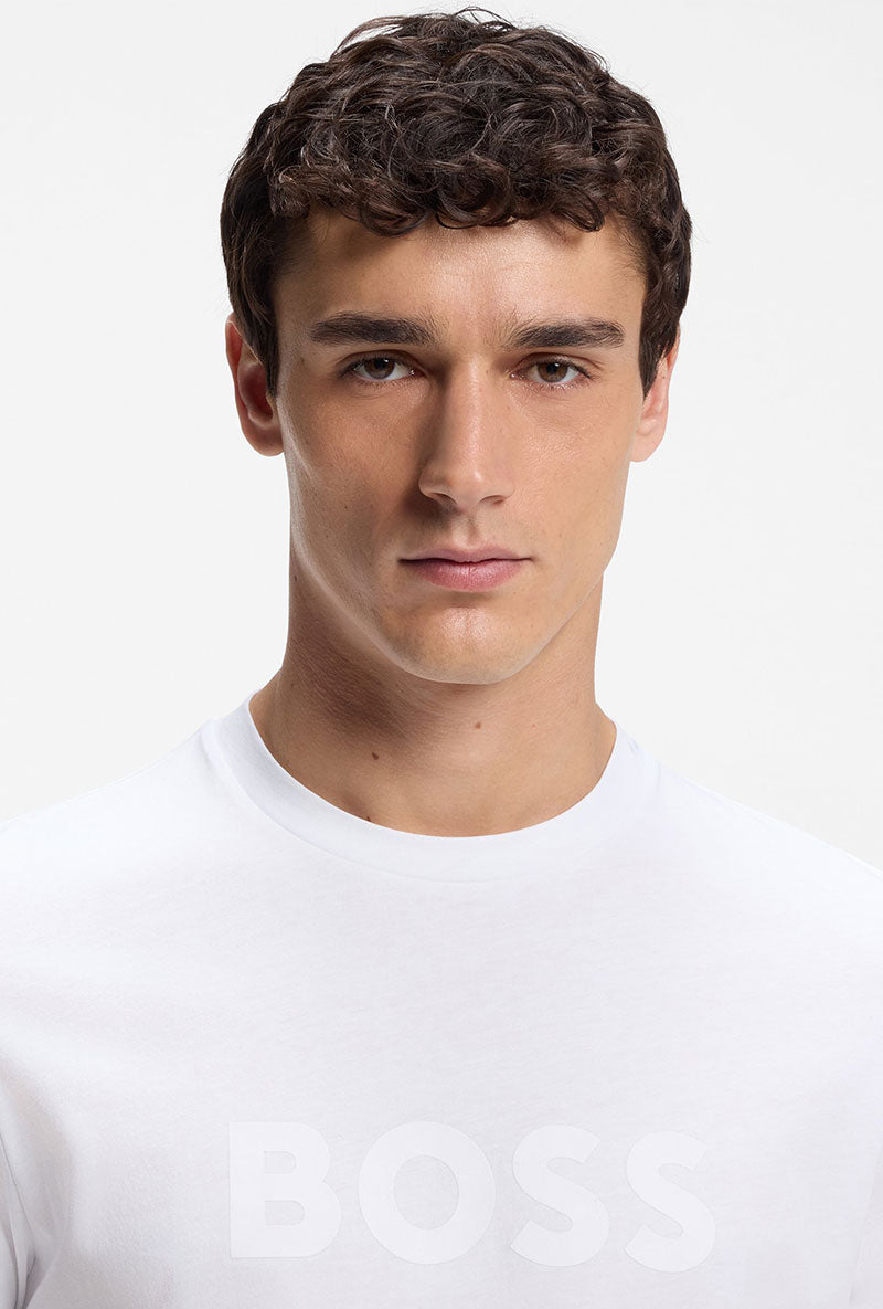 Front image of a model wearing Tegood t-shirt in white, by brand Boss