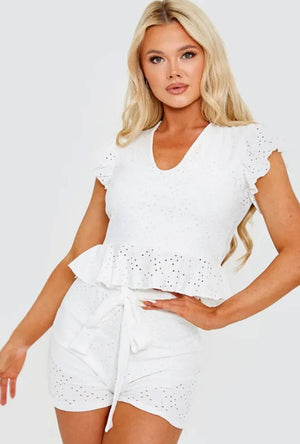 FRILL TOP AND BELTED SHORTS