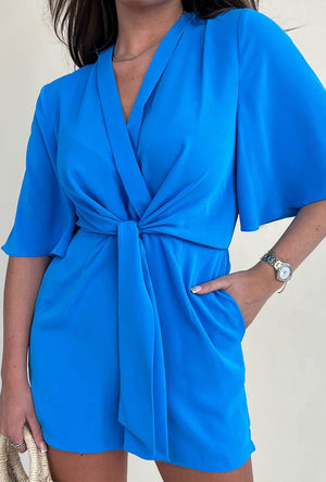 GIRL IN MIND JADE BLUE TIE PLAYSUIT