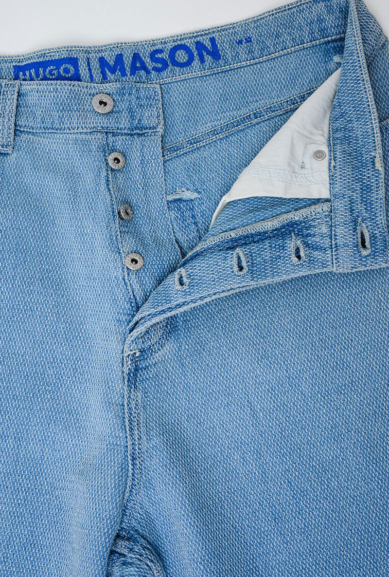 Front image of Mason bermuda shorts in denim, by brand Hugo