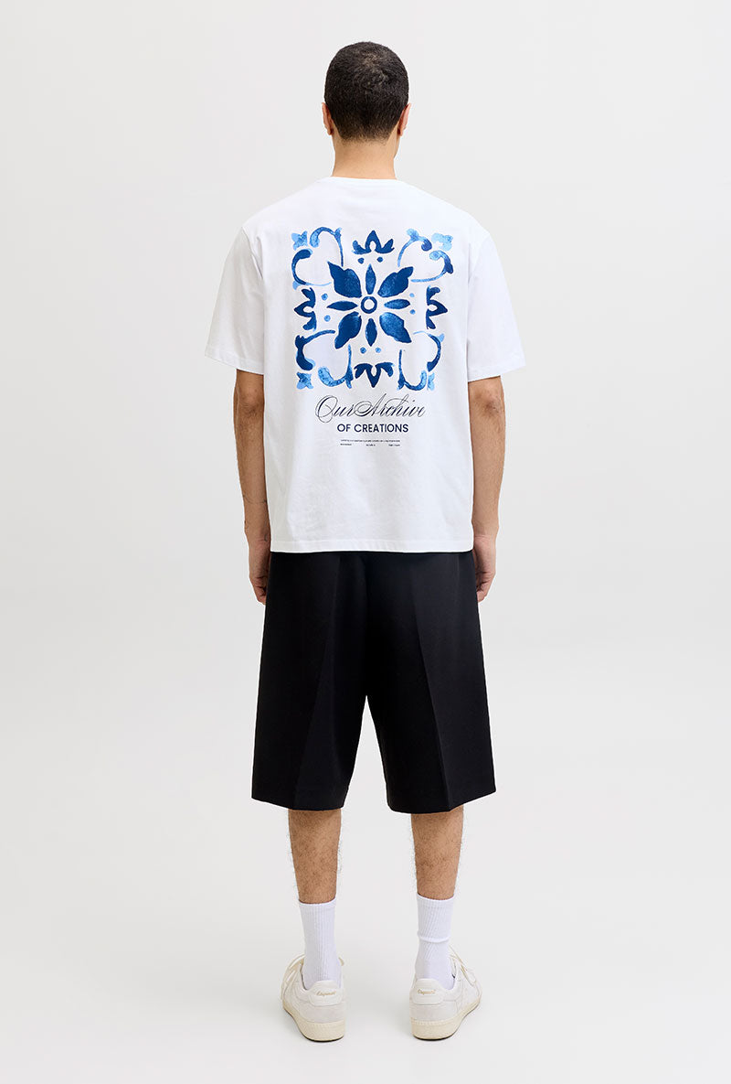 Back image of a model wearing Art print tee in white, by brand Jack&jones