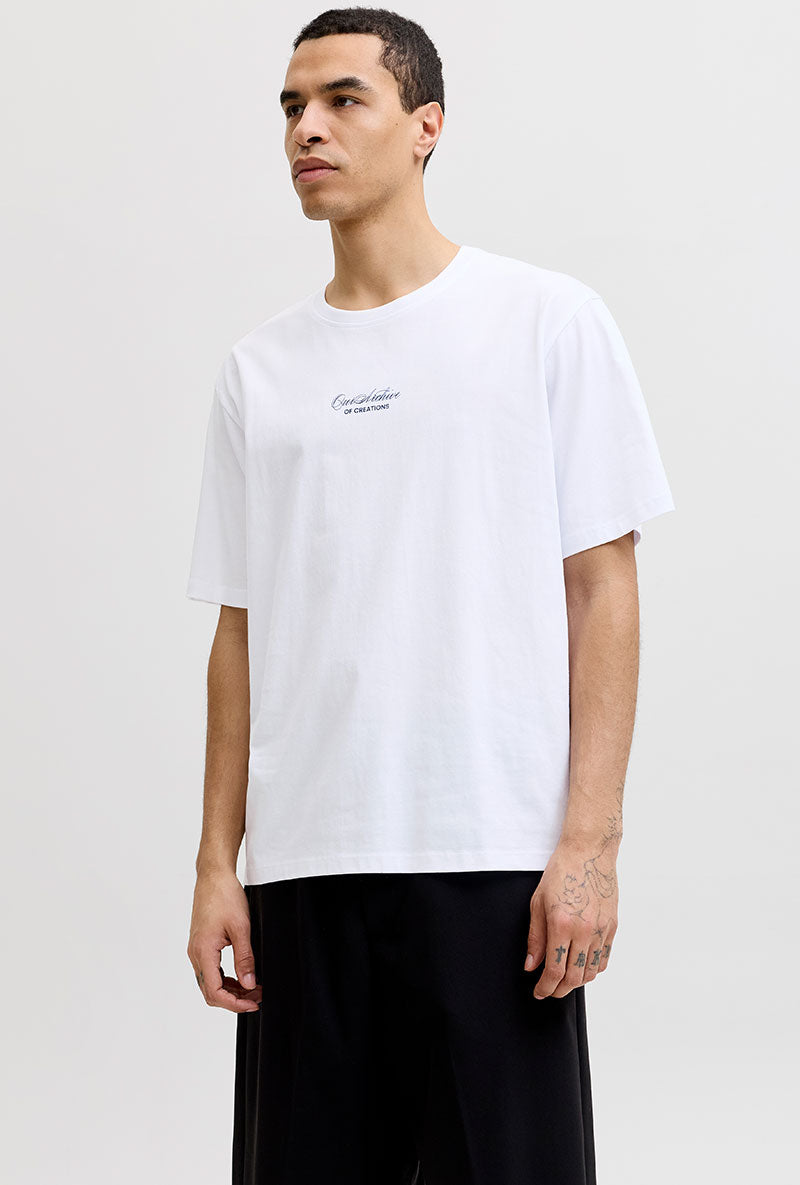 Front image of a model wearing Art print tee in white, by brand Jack&jones